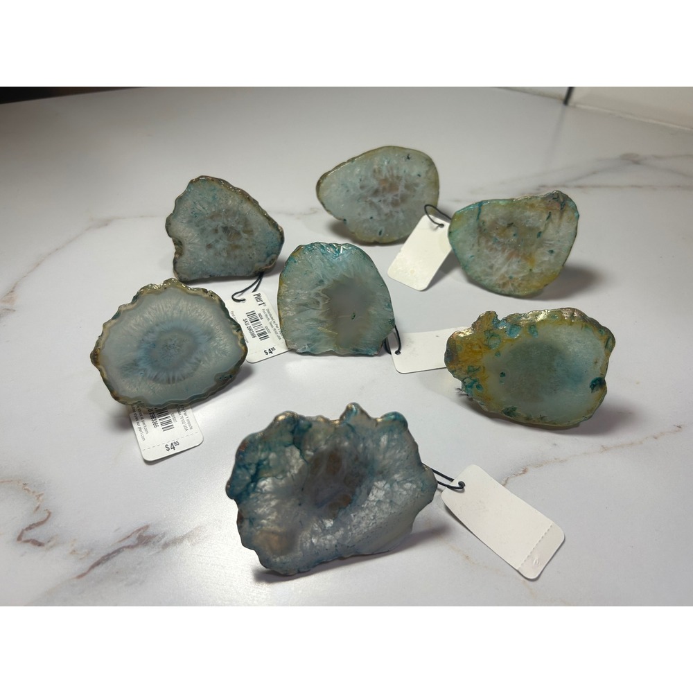 Set of 7 Pier 1 Imports Teal Agate Sliced Stone Napkin Rings Gold Tone Metal NEW